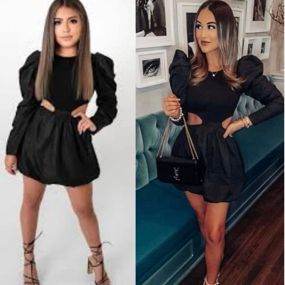 Zara Black Puff Sleeve Side Cut Out Bubble Skirt Mini Dress Size Medium - Picture 9 of 11